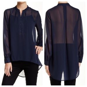 Ro & De Long Sleeve Hook-and-Eye Sheer Blouse blue